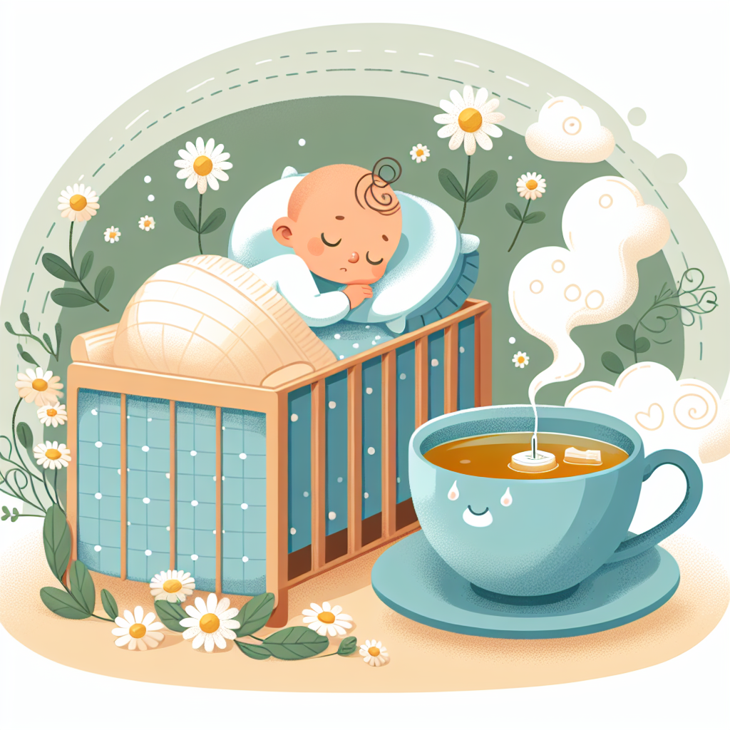 Un bébé dormant paisiblement dans un berceau confortable avec une tasse de tisane à la camomille à côté.