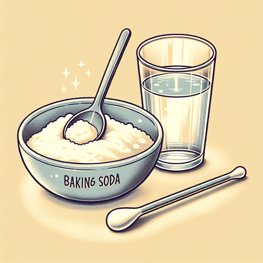 Un bol de bicarbonate de soude avec une cuillère à côté d'un verre d'eau tiède et un coton-tige, montrant comment utiliser le bicarbonate de soude pour traiter les aphtes.