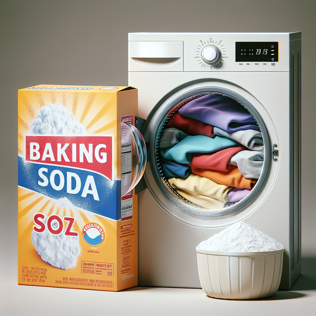 Une boîte de bicarbonate de soude à côté d'une machine à laver avec des vêtements à l'intérieur du tambour. Un peu de bicarbonate de soude est saupoudré sur quelques chemises.