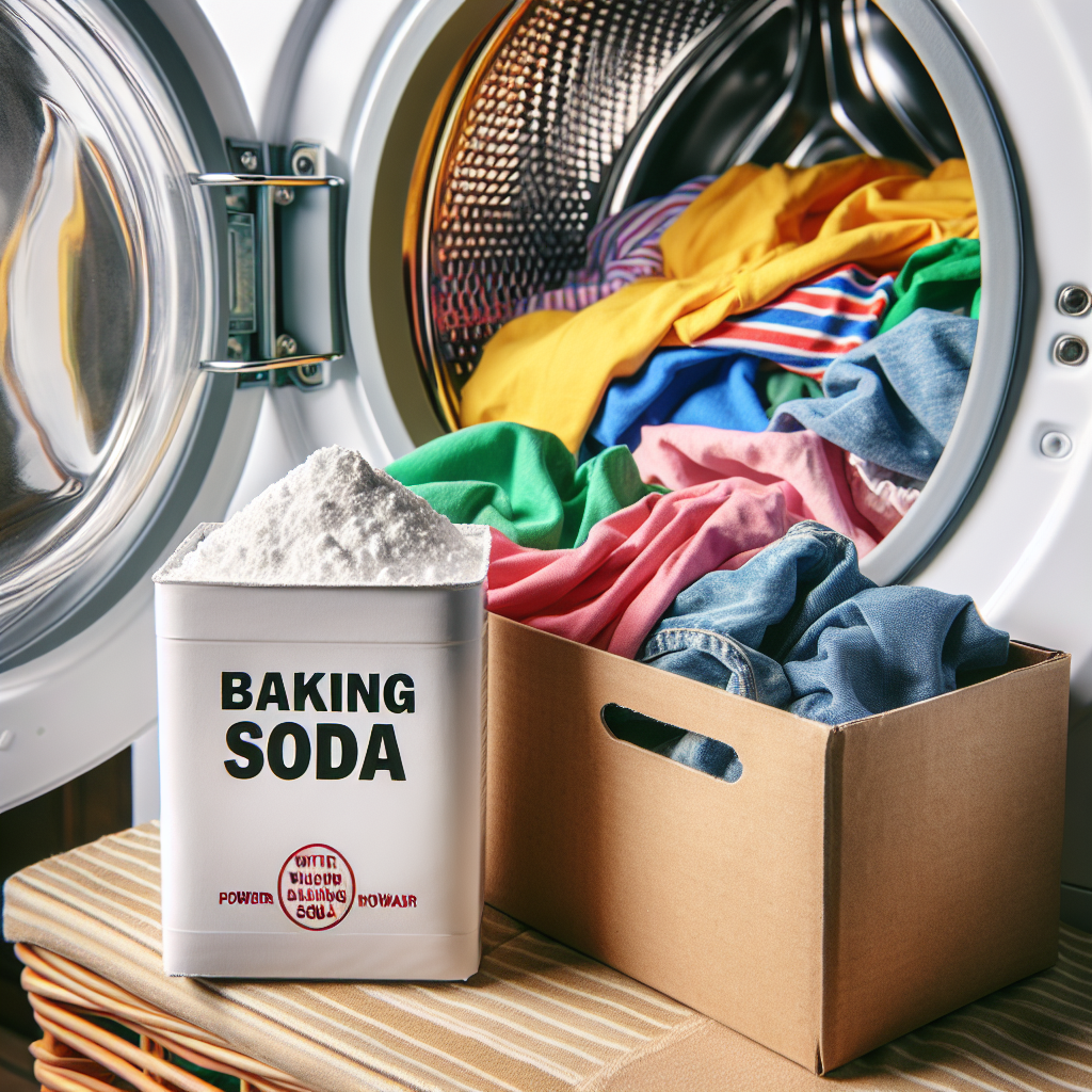 Une boîte de bicarbonate de soude à côté de linge coloré dans une machine à laver, avec une ambiance propre et fraîche