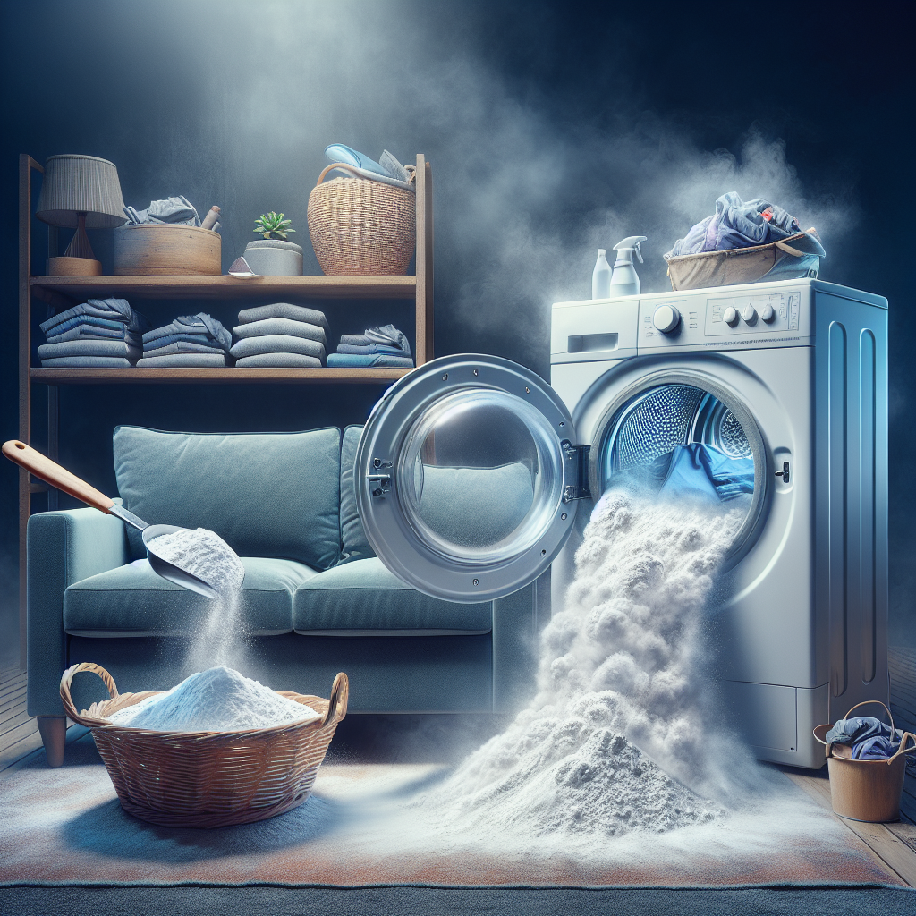 Bicarbonate de soude saupoudré sur un canapé, un tapis et des vêtements en train d'être lavés pour éliminer les odeurs de tabac.