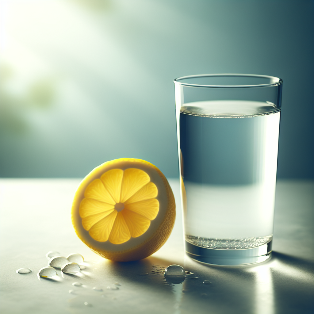 Un grand verre d'eau et des tranches de citron sur une table, dans une ambiance apaisante et naturelle pour illustrer les bienfaits de l'hydratation.