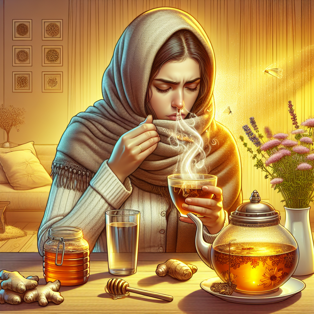 Une personne buvant de l'eau et tenant une tasse de tisane avec du miel à côté, dans un environnement confortable.