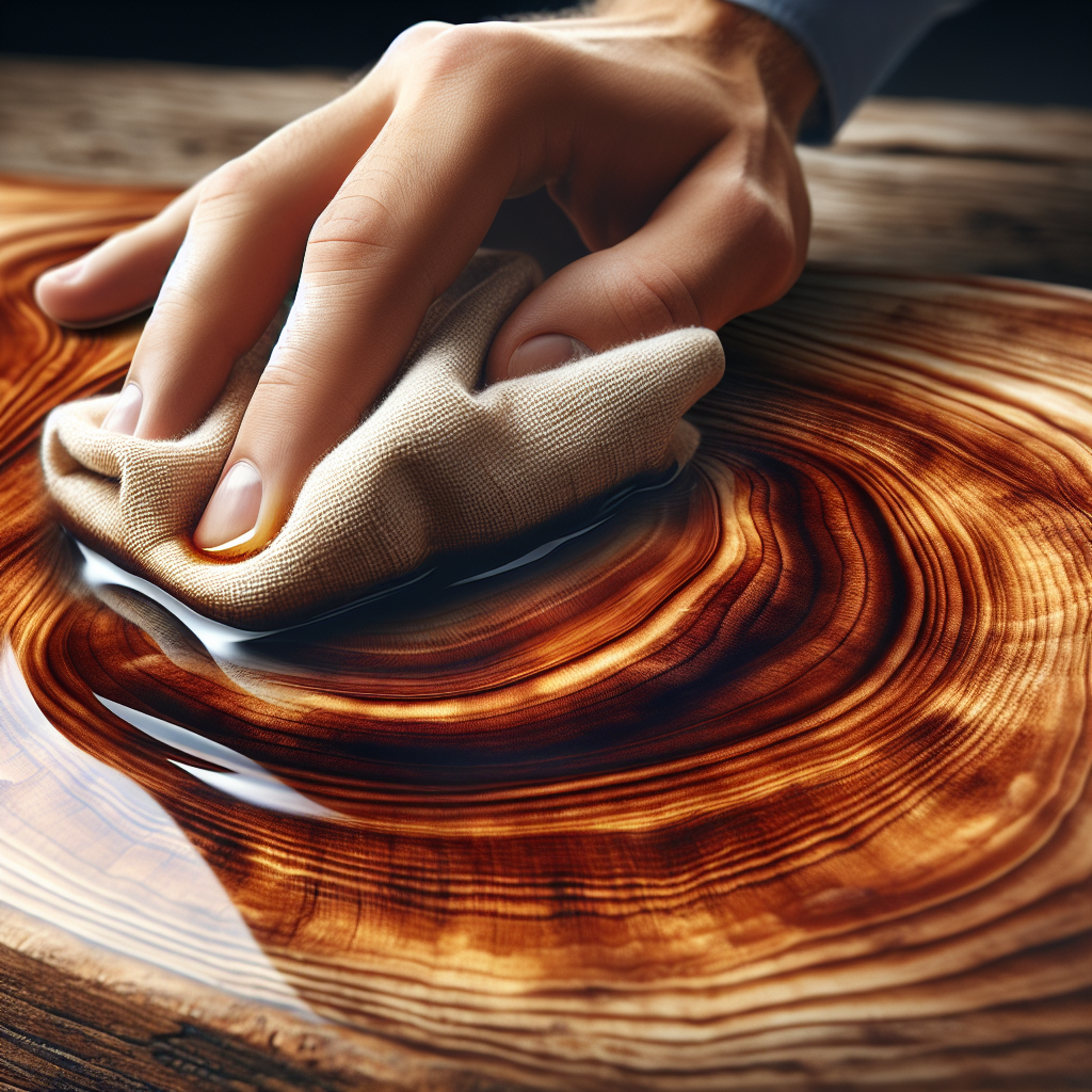 Une surface en bois étant polie avec un chiffon doux imbibé de thé noir refroidi, mettant en évidence l'éclat naturel et la couleur du bois.