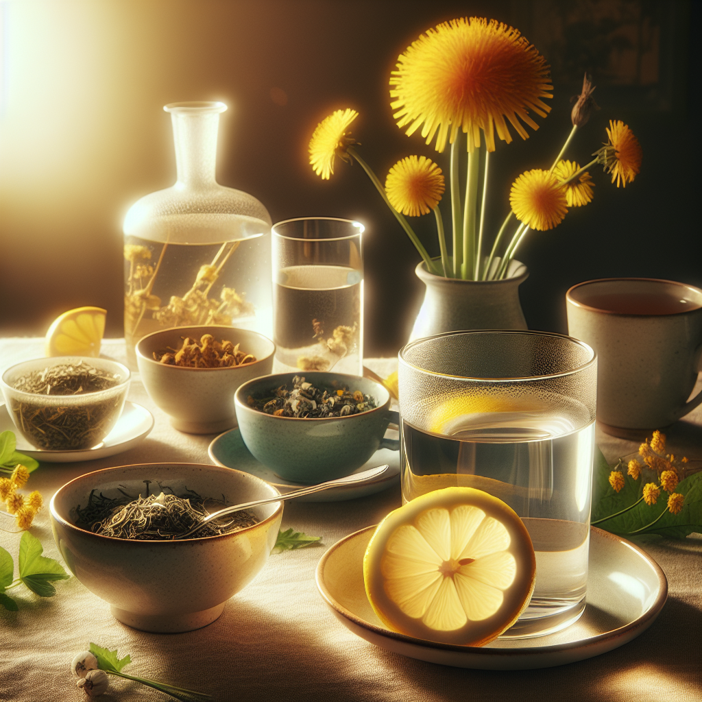 Un verre d'eau tiède avec un demi-citron à côté de tasses de tisanes au pissenlit et à la prêle, mettant en avant leurs propriétés détoxifiantes et diurétiques.