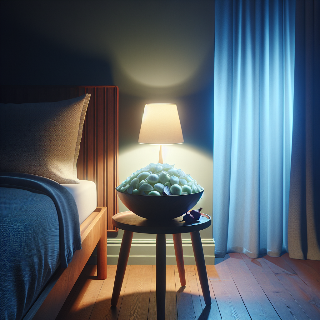 Une chambre à coucher confortable la nuit avec une table de chevet sur laquelle se trouve un bol rempli d'oignons fraîchement coupés.