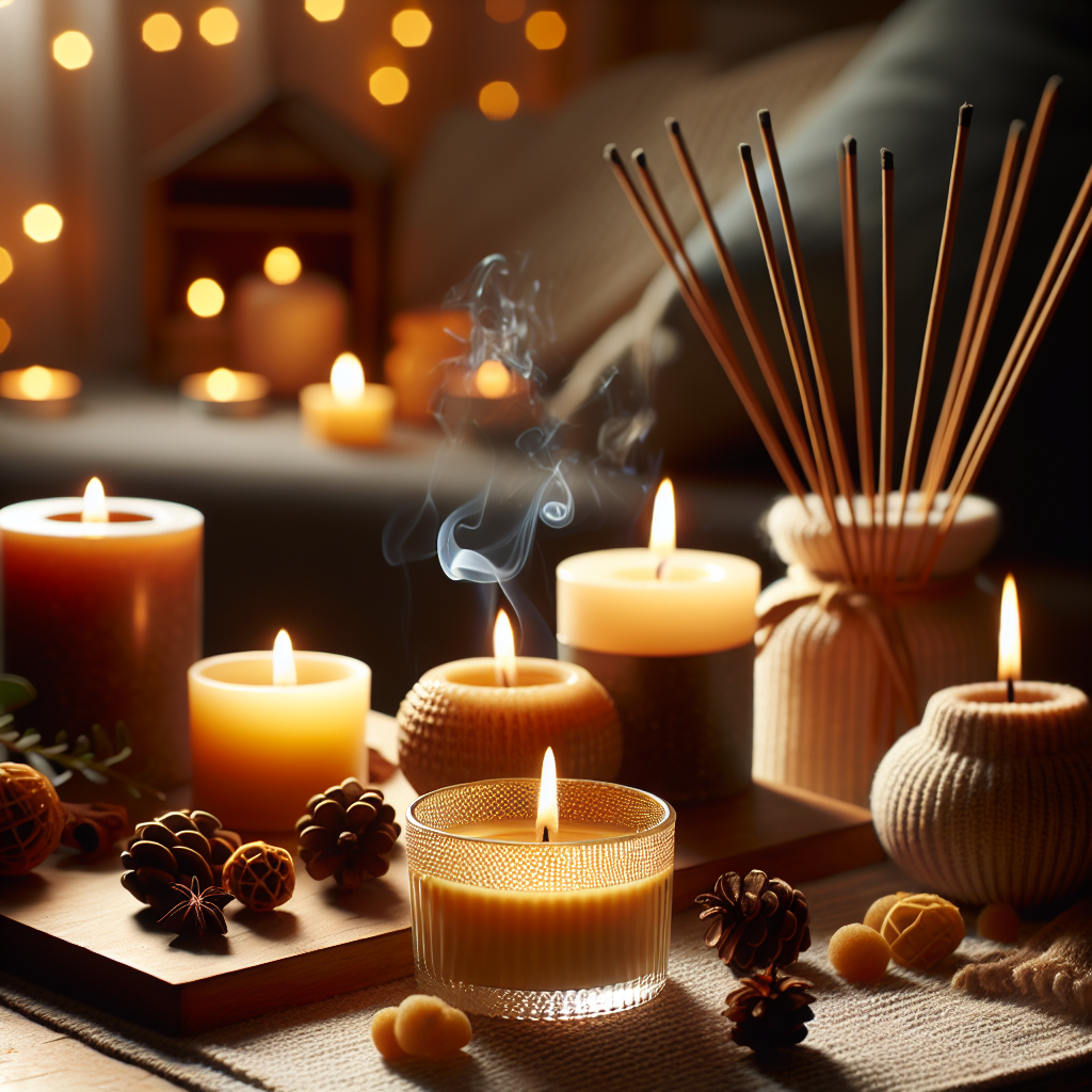Un intérieur de maison chaleureux avec des bougies parfumées en cire naturelle et des bâtonnets d'encens aromatiques brûlant, créant une ambiance relaxante et invitante