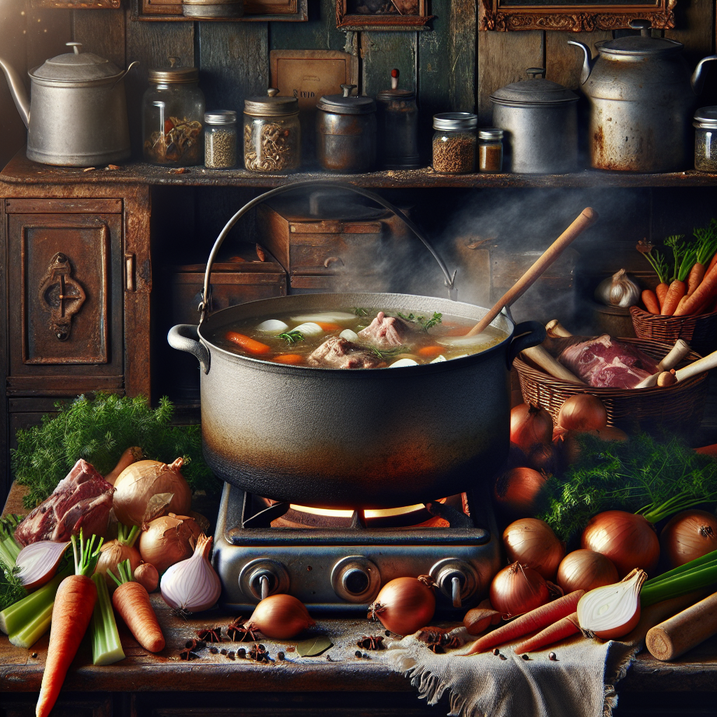Bouillon maison mijotant dans une grande marmite avec des légumes frais, des herbes aromatiques et des os de viande, avec de la vapeur qui monte. Cadre de cuisine rustique, ambiance chaleureuse et accueillante.