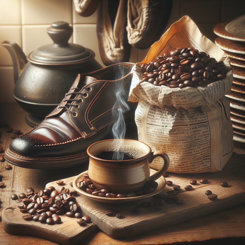 Une cuisine chaleureuse avec une tasse remplie de grains de café dégageant une belle odeur, et à côté d'elle, des chaussures mouillées remplies de vieux journaux pour sécher et éviter les mauvaises odeurs