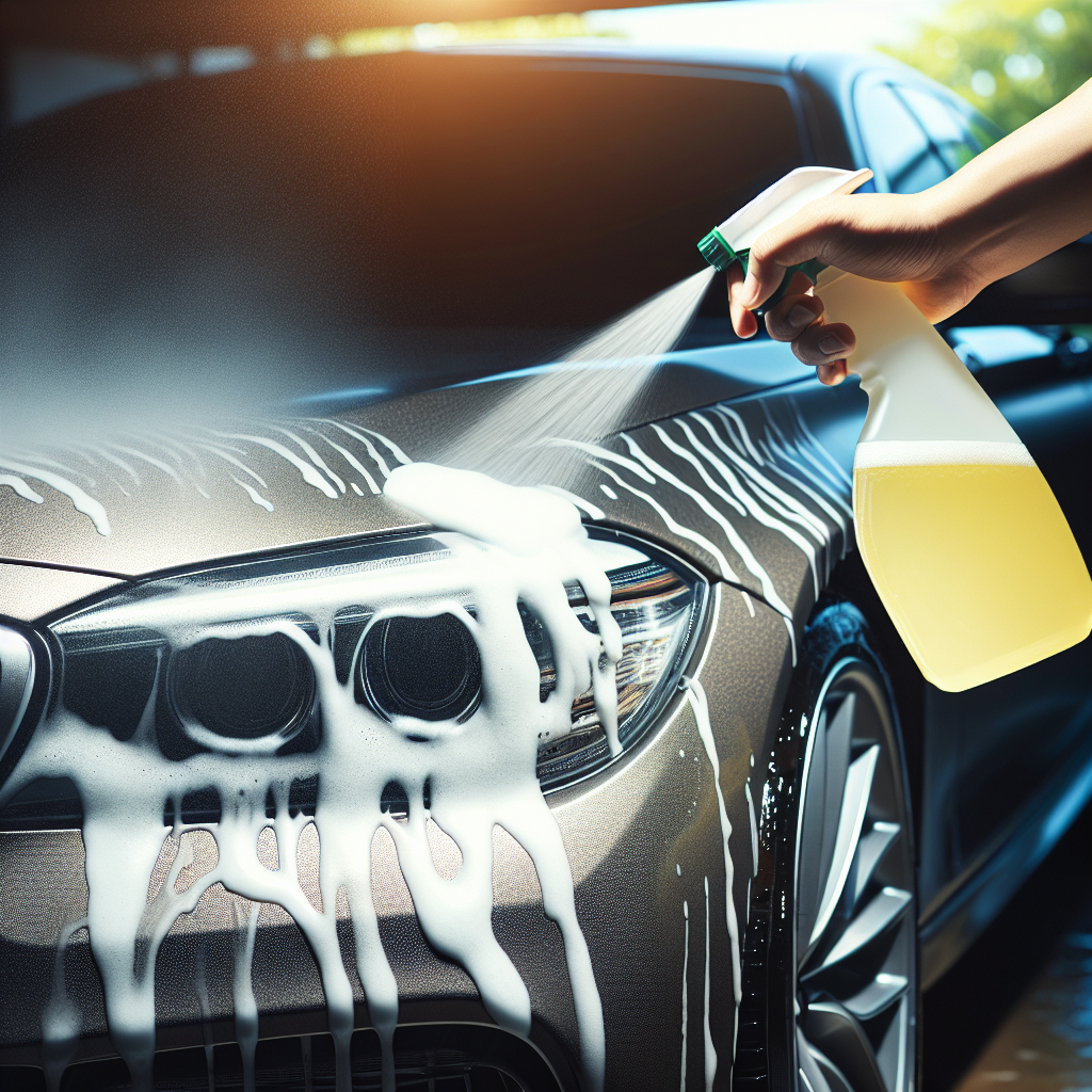 Une voiture sur laquelle on vaporise un mélange de jus de citron et d'eau, faisant briller la surface de la voiture.