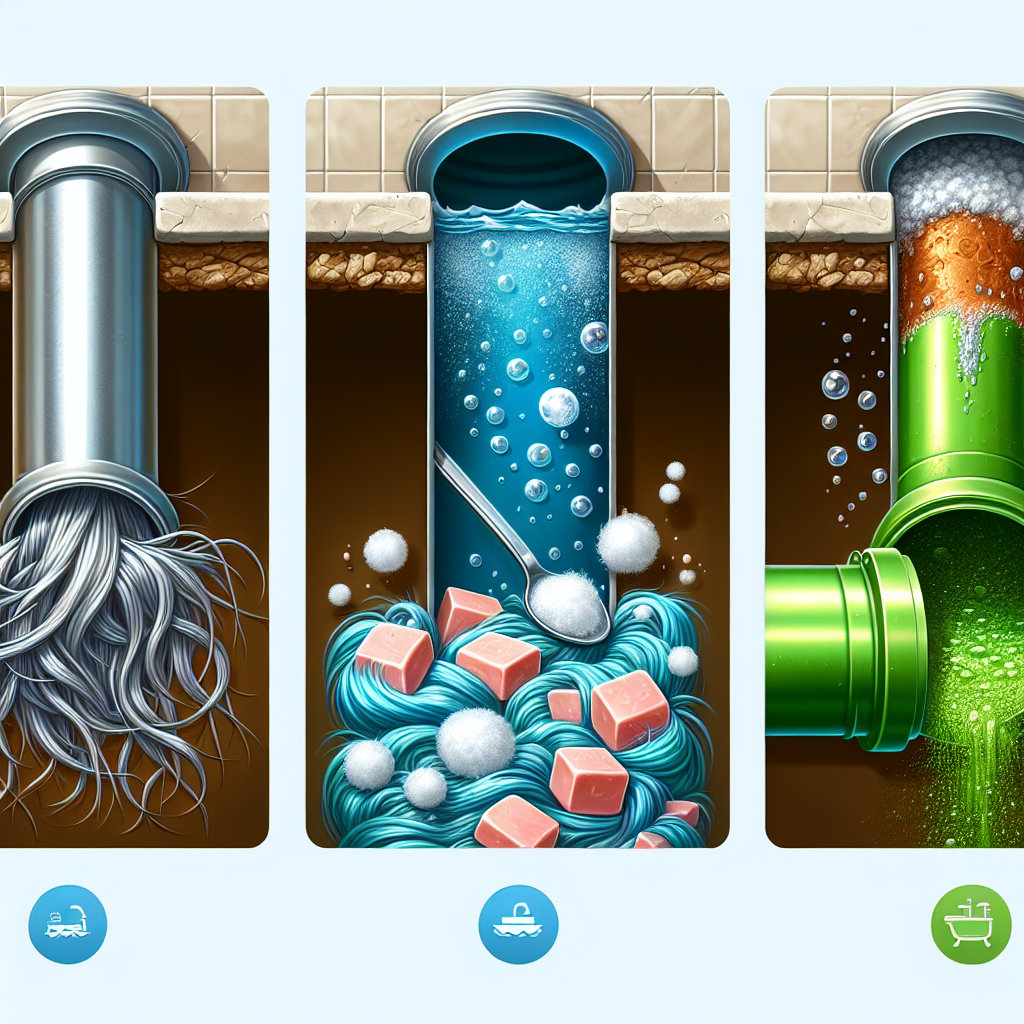 Illustration des causes fréquentes des bouchons dans la baignoire, comprenant des cheveux, des résidus de savon et des dépôts de calcaire dans les canalisations.