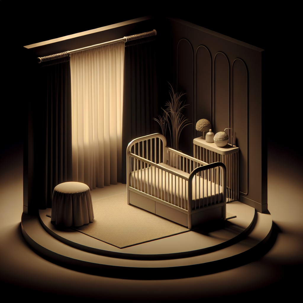 Une chambre de bébé sombre et calme, avec un berceau confortable et des rideaux opaques pour bloquer la lumière extérieure.