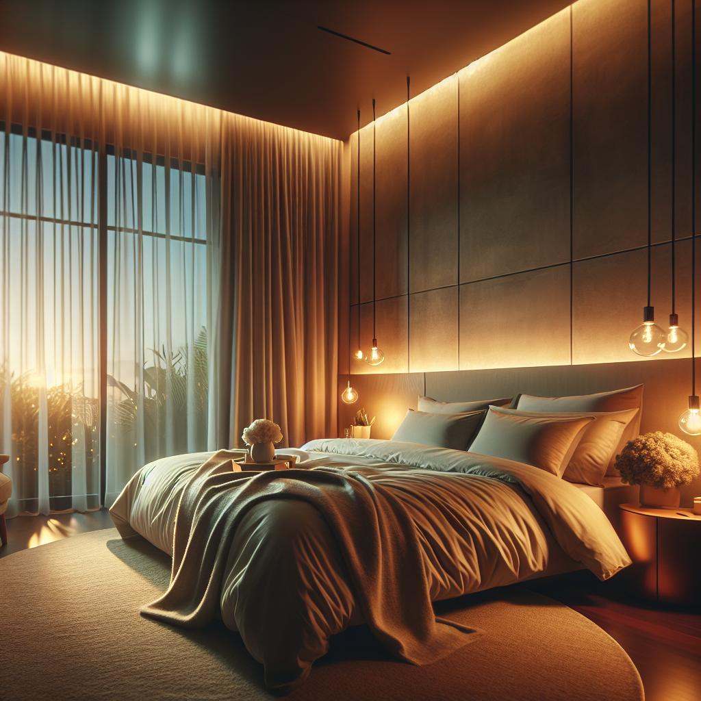 Une chambre paisible avec un lit confortable, un éclairage doux et une atmosphère sereine, illustrant l'importance du repos et du sommeil.