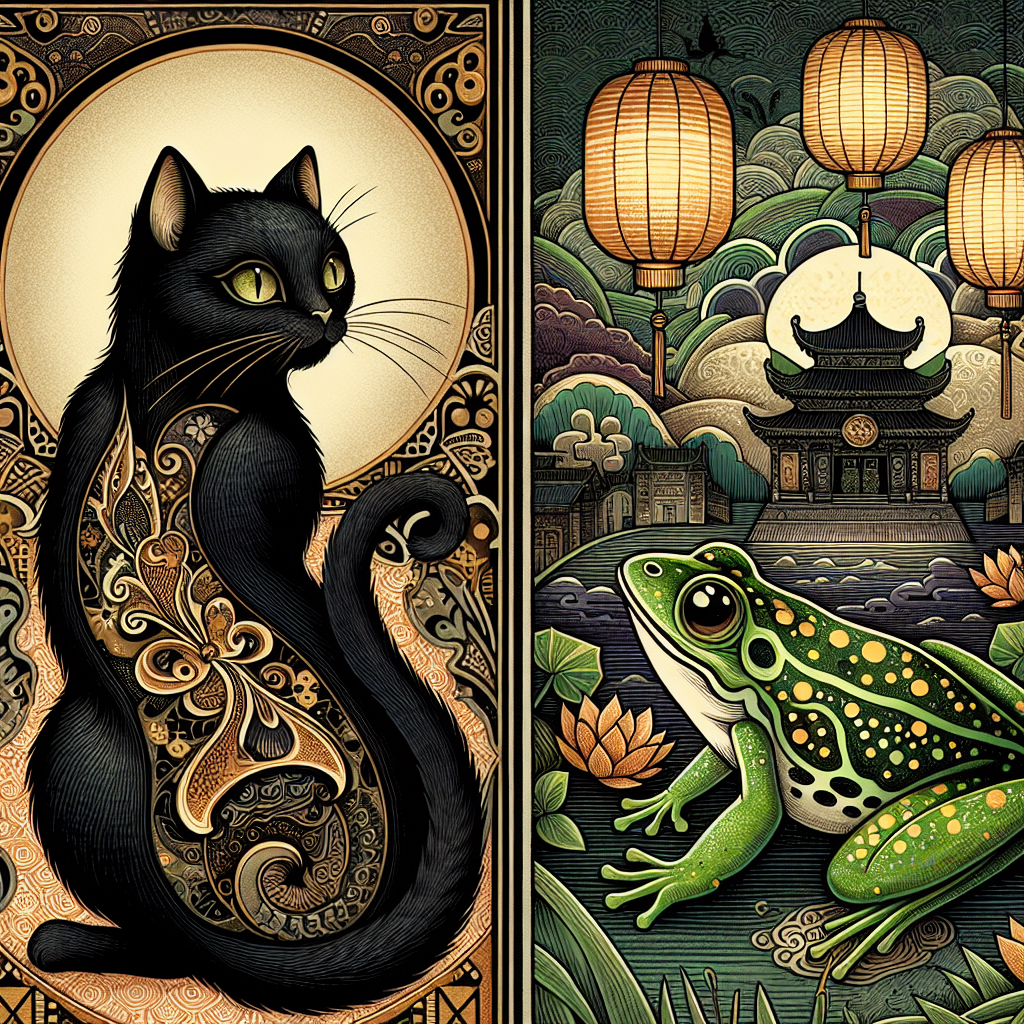 Illustration d'un chat noir symbolisant la protection et d'une grenouille symbolisant la prospérité et la chance dans les affaires.