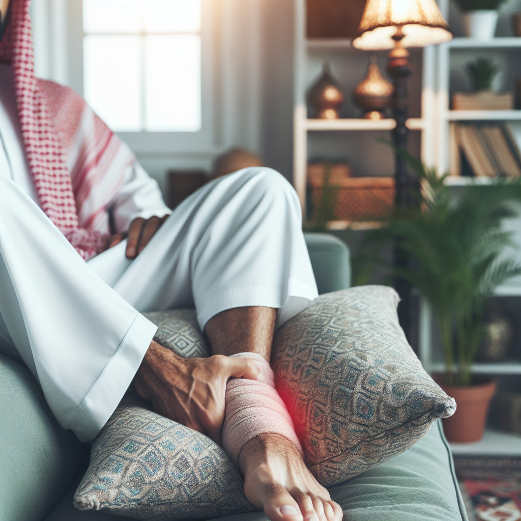 Représentation d'une personne reposant avec la cheville surélevée à l'aide d'un oreiller pour réduire le gonflement.