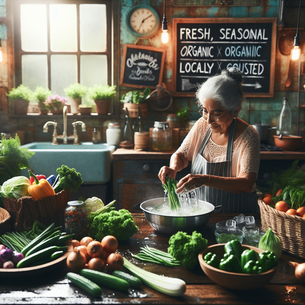 Grand-mère choisissant des légumes frais de saison et locaux, avec des étiquettes biologiques, et des légumes verts blanchis et plongés dans de l'eau glacée