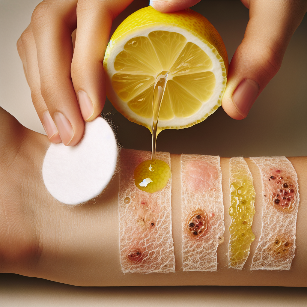 Un gros plan d'un demi-citron pressé sur un coton, prêt à être appliqué sur une peau avec des dartres.