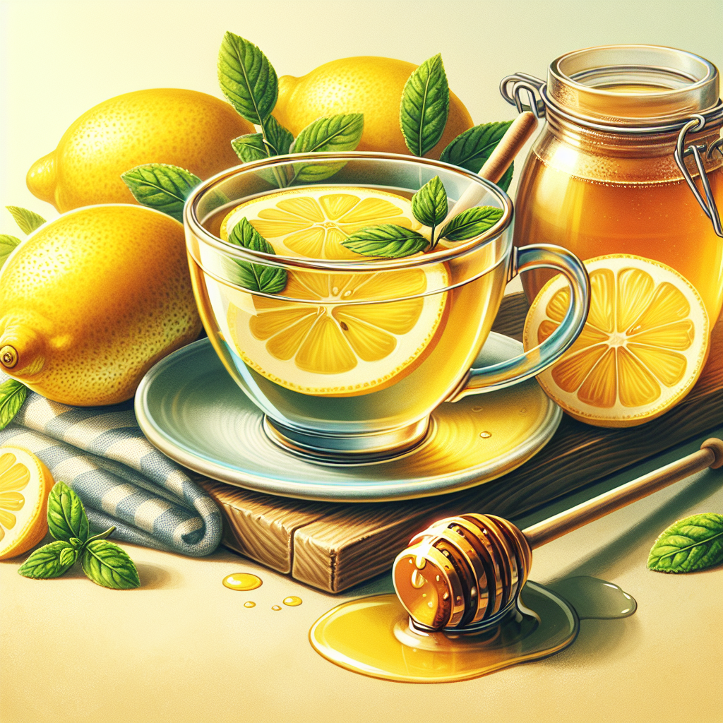 Une tasse d'eau chaude avec du jus de citron et du miel à côté de citrons frais et d'une cuillère à miel, mettant en valeur leurs propriétés naturelles et saines.