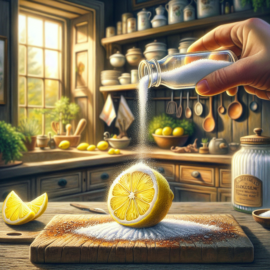 Dans une cuisine, une main presse un demi-citron sur une tache de rouille, avec du sel saupoudré autour.