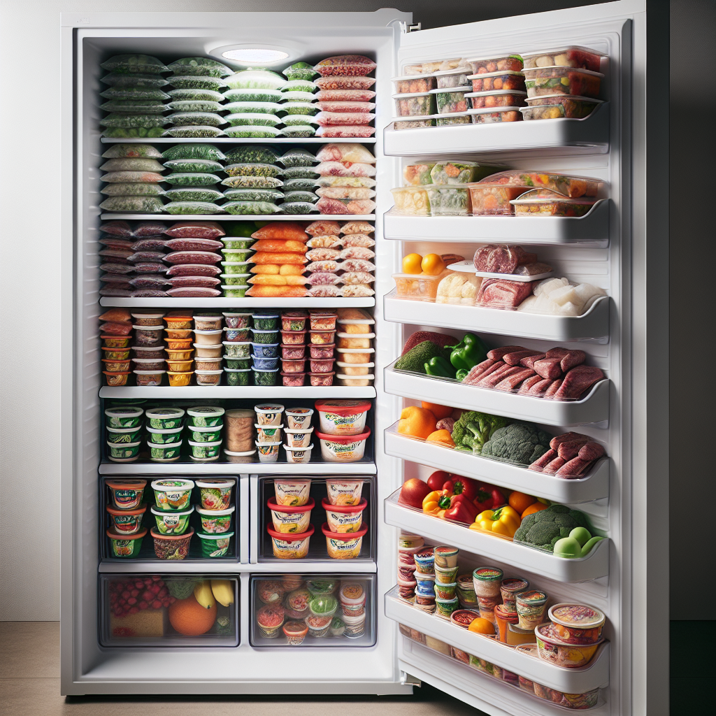 Un congélateur propre et organisé avec des aliments rangés de manière ordonnée