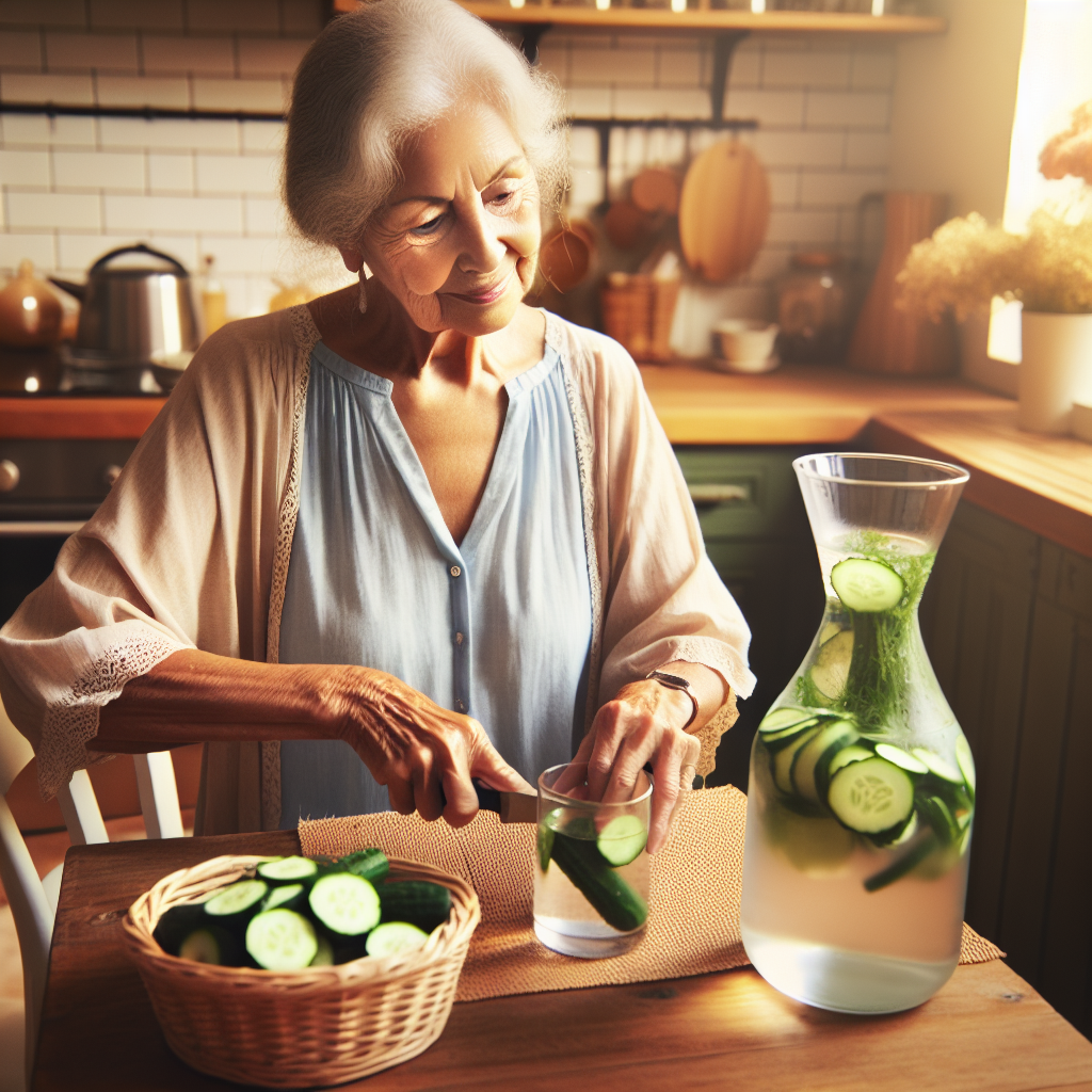 Une grand-mère assise dans une cuisine confortable, découpant un concombre. Une carafe d'eau infusée au concombre et des tranches de concombre frais sont posées sur la table. La scène est chaleureuse et baignée de lumière naturelle.