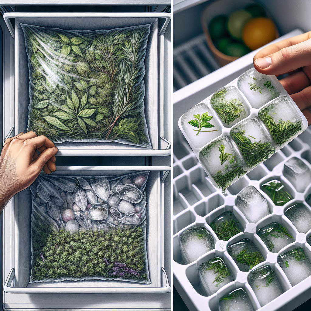 Herbes fraîches enveloppées dans un papier absorbant humide et rangées dans un sac plastique au réfrigérateur, avec des herbes hachées dans des bacs à glaçons pour congélation.