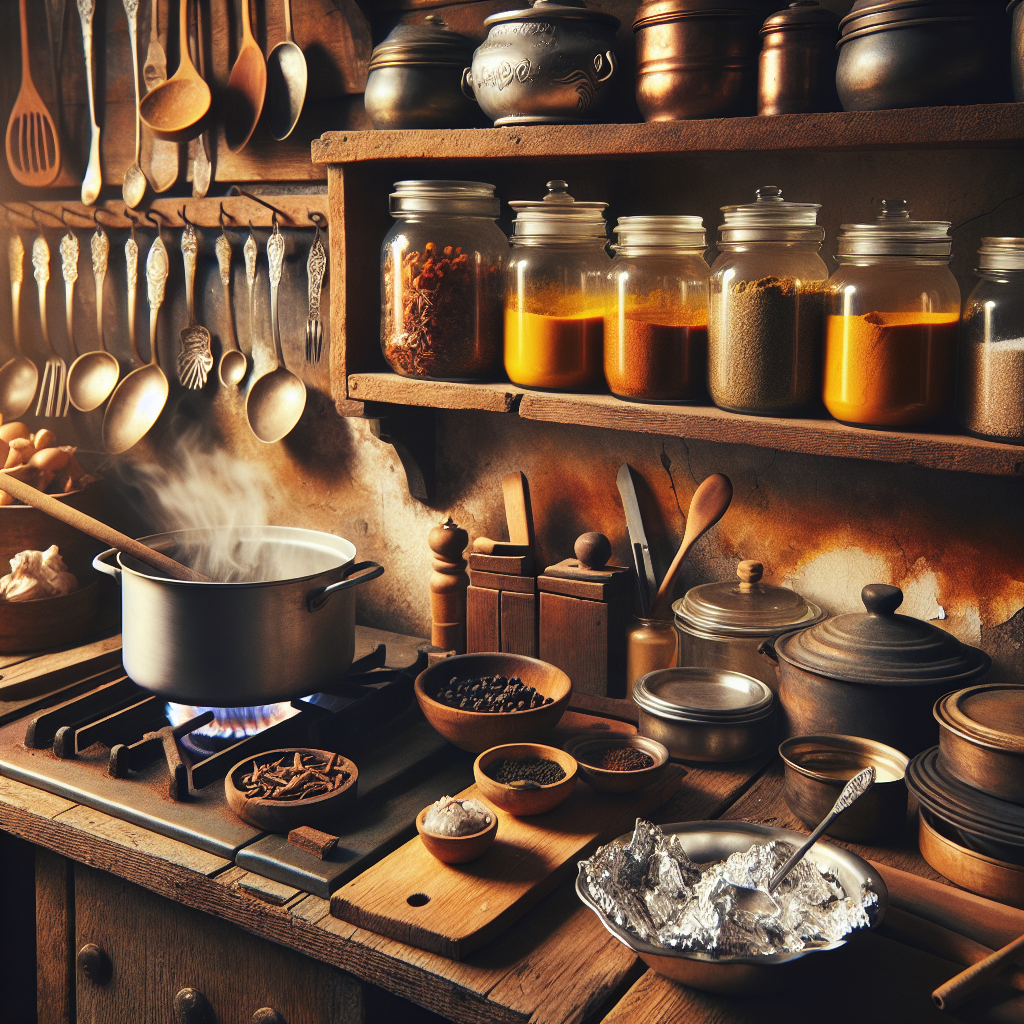 Une cuisine de grand-mère accueillante avec des ustensiles rustiques, des étagères en bois avec des bocaux d'épices comme le curcuma, et une casserole sur le feu. En arrière-plan, des couverts en argent sont nettoyés avec du bicarbonate de soude et une feuille d'aluminium.