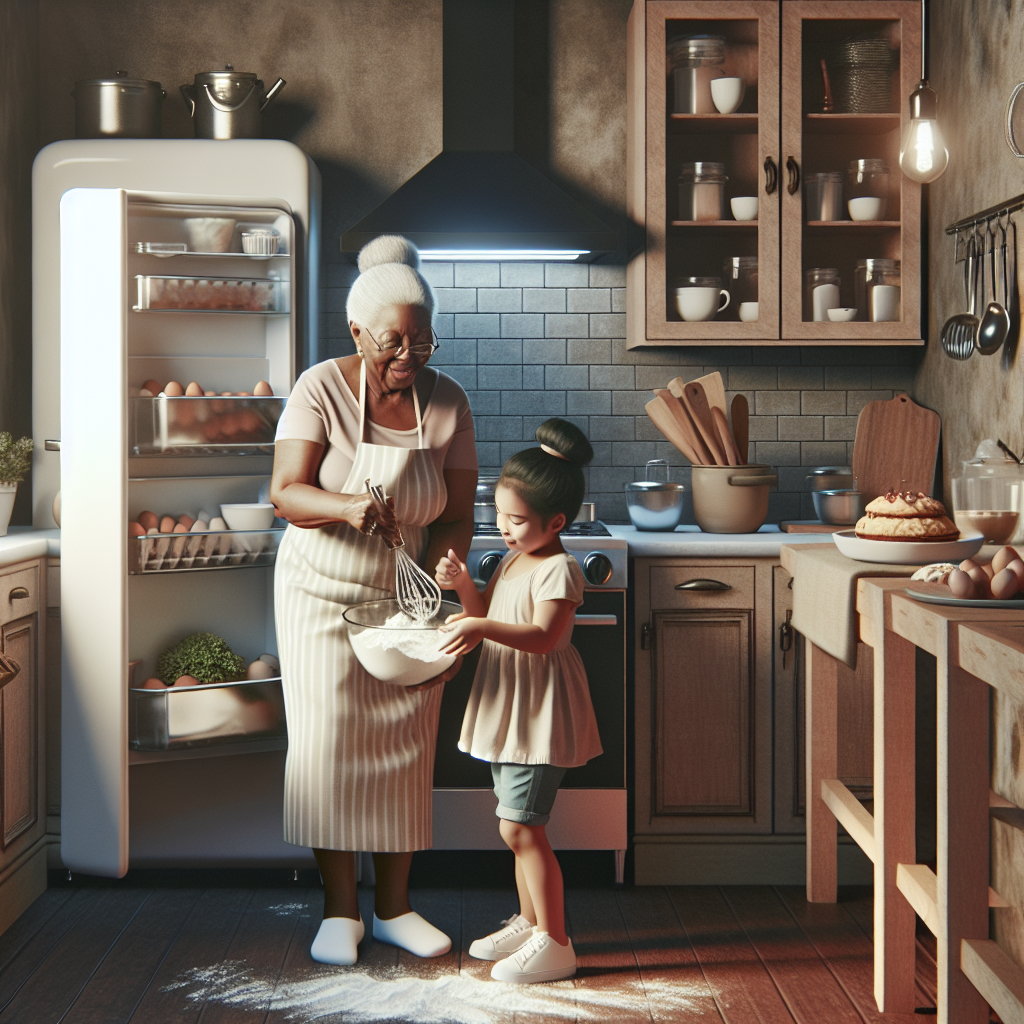 Une cuisine chaleureuse avec une grand-mère et un petit-enfant en train de préparer un gâteau avec des ingrédients de qualité, en battant les œufs et en incorporant de la farine doucement.