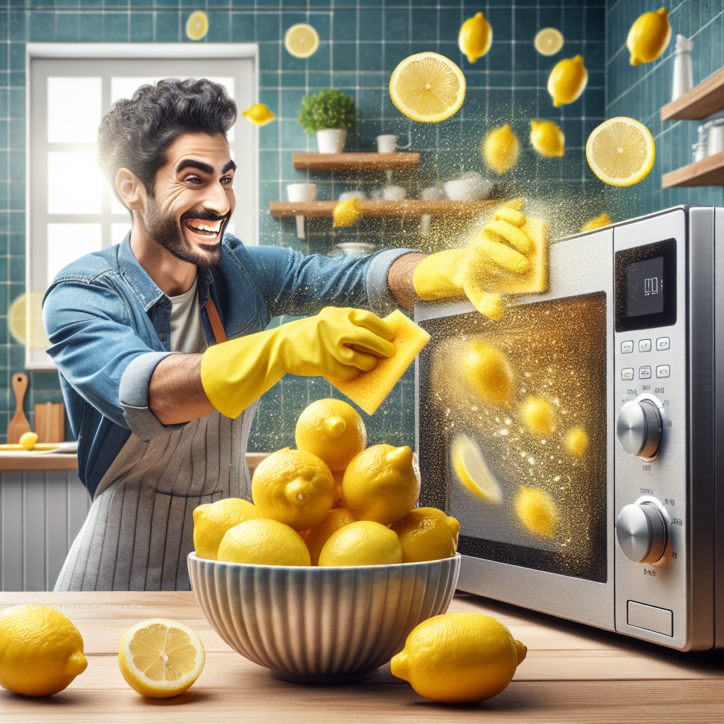 Une cuisine propre et lumineuse illustrant la magie des citrons pour la santé et le nettoyage. Un bol de citrons frais est placé à côté d'un micro-ondes. Une personne nettoie l'intérieur du micro-ondes avec une éponge.