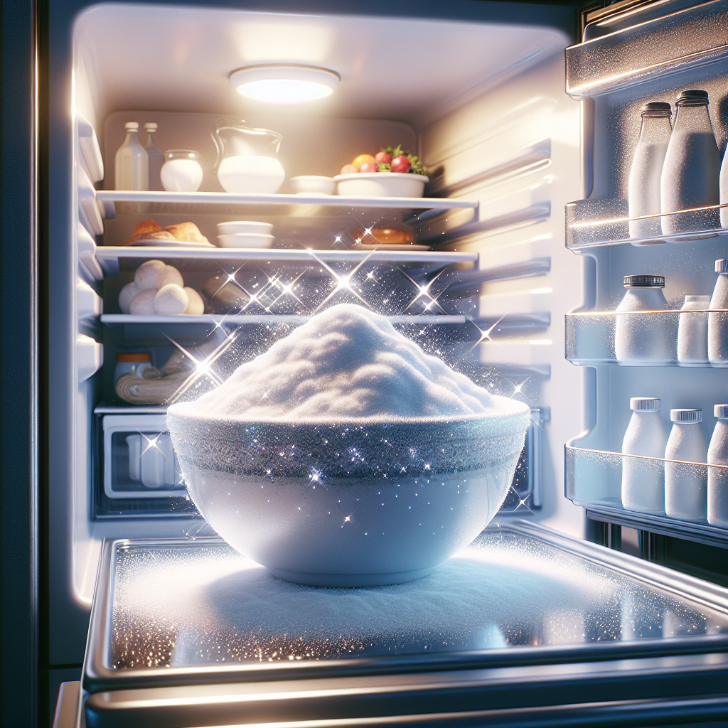 Une cuisine propre avec un réfrigérateur ouvert montrant une coupelle de bicarbonate de soude.