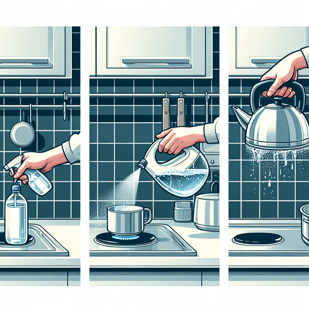 Une cuisine propre avec un plan de travail désinfecté, une bouilloire détartrée et des plaques de cuisson dégraissées, le tout grâce à l'utilisation de vinaigre blanc.