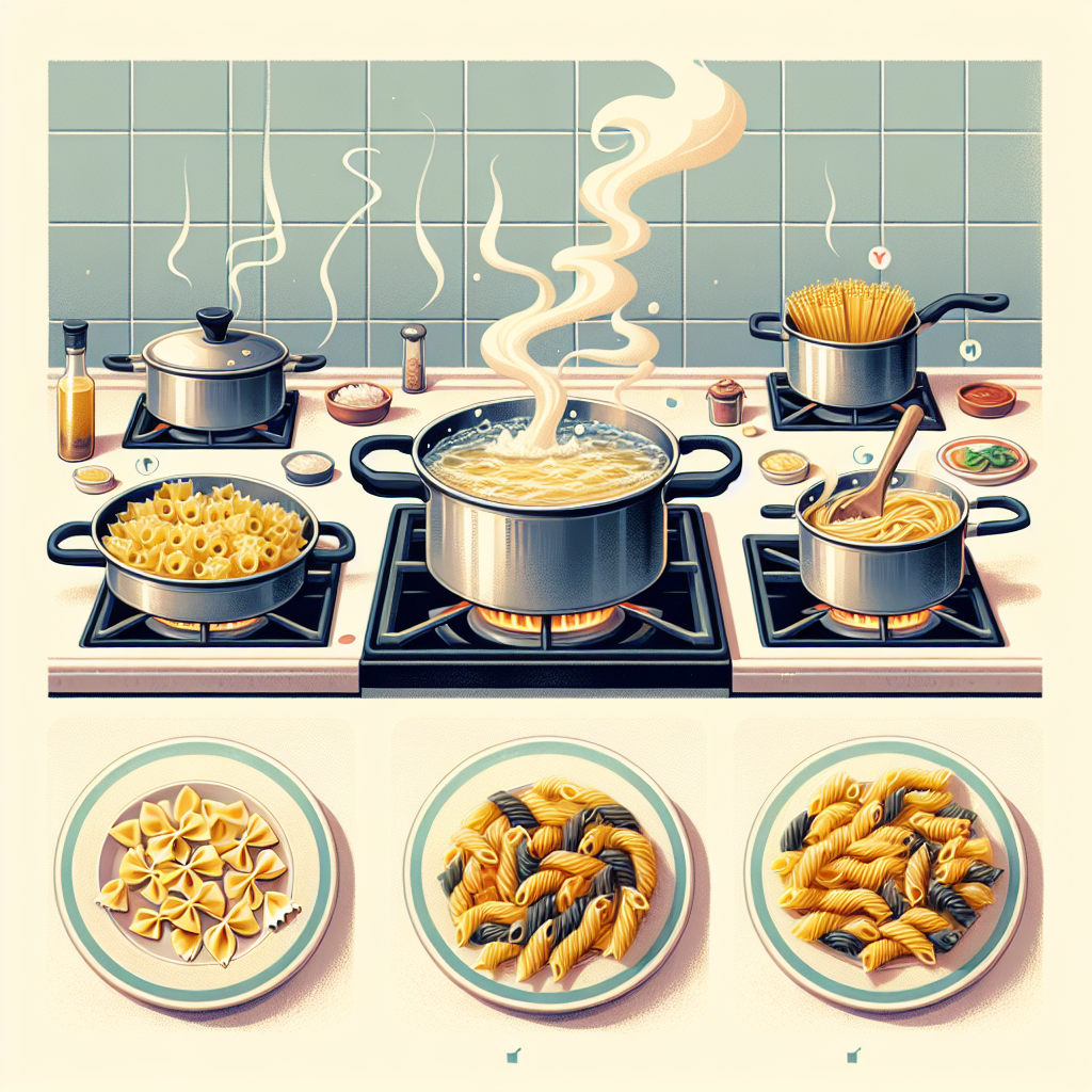 Une casserole d'eau bouillante salée avec des pâtes ajoutées, des pâtes al dente et des pâtes trop cuites, et une assiette de pâtes mélangées avec une sauce riche.