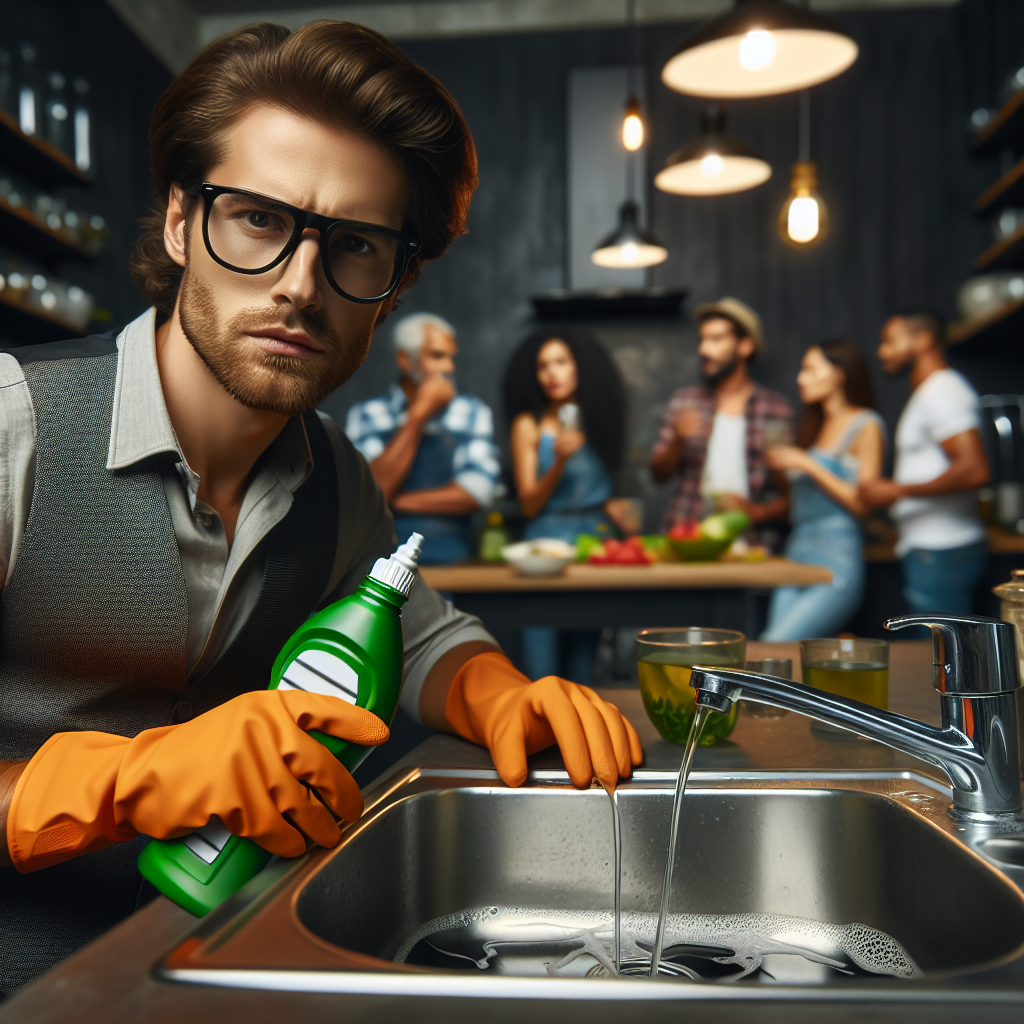 Un évier de cuisine avec des invités en arrière-plan, montrant une personne utilisant un déboucheur chimique pour déboucher l'évier. Situation d'urgence.