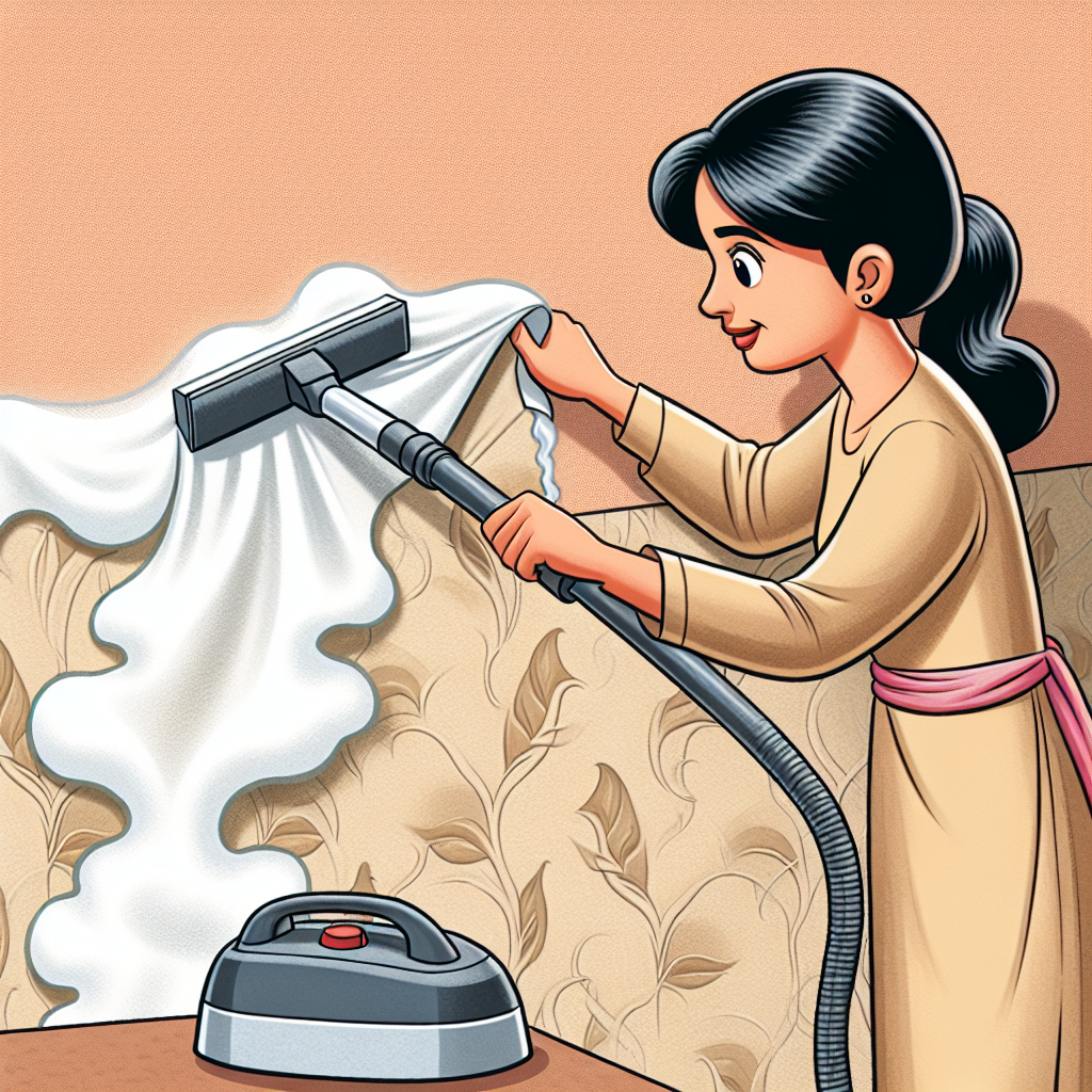 Une personne utilise un nettoyeur vapeur pour décoller du papier peint d'un mur.