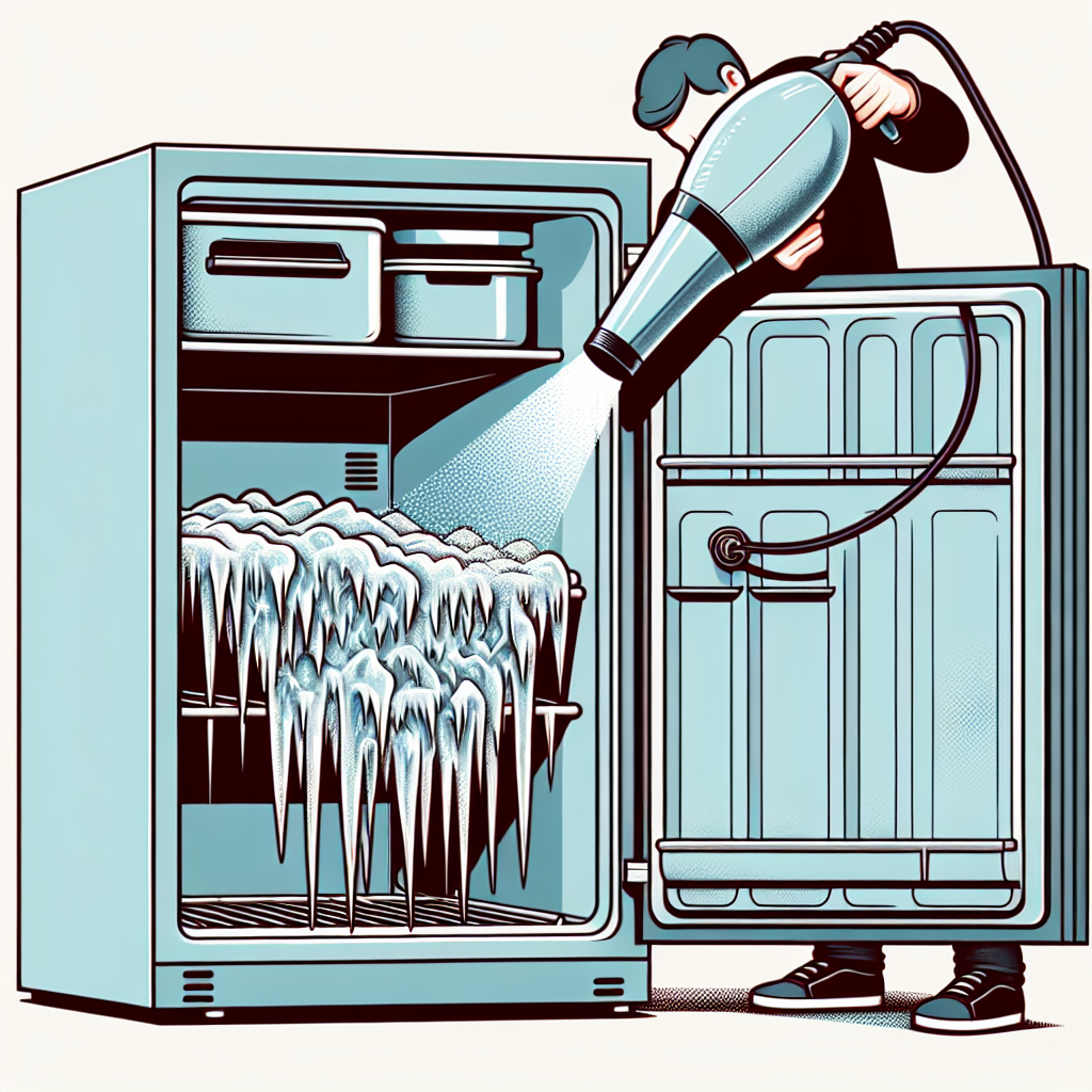 Une personne utilisant un sèche-cheveux pour dégivrer un congélateur avec une accumulation importante de glace, montrant l'intérieur du congélateur et la glace fondue.