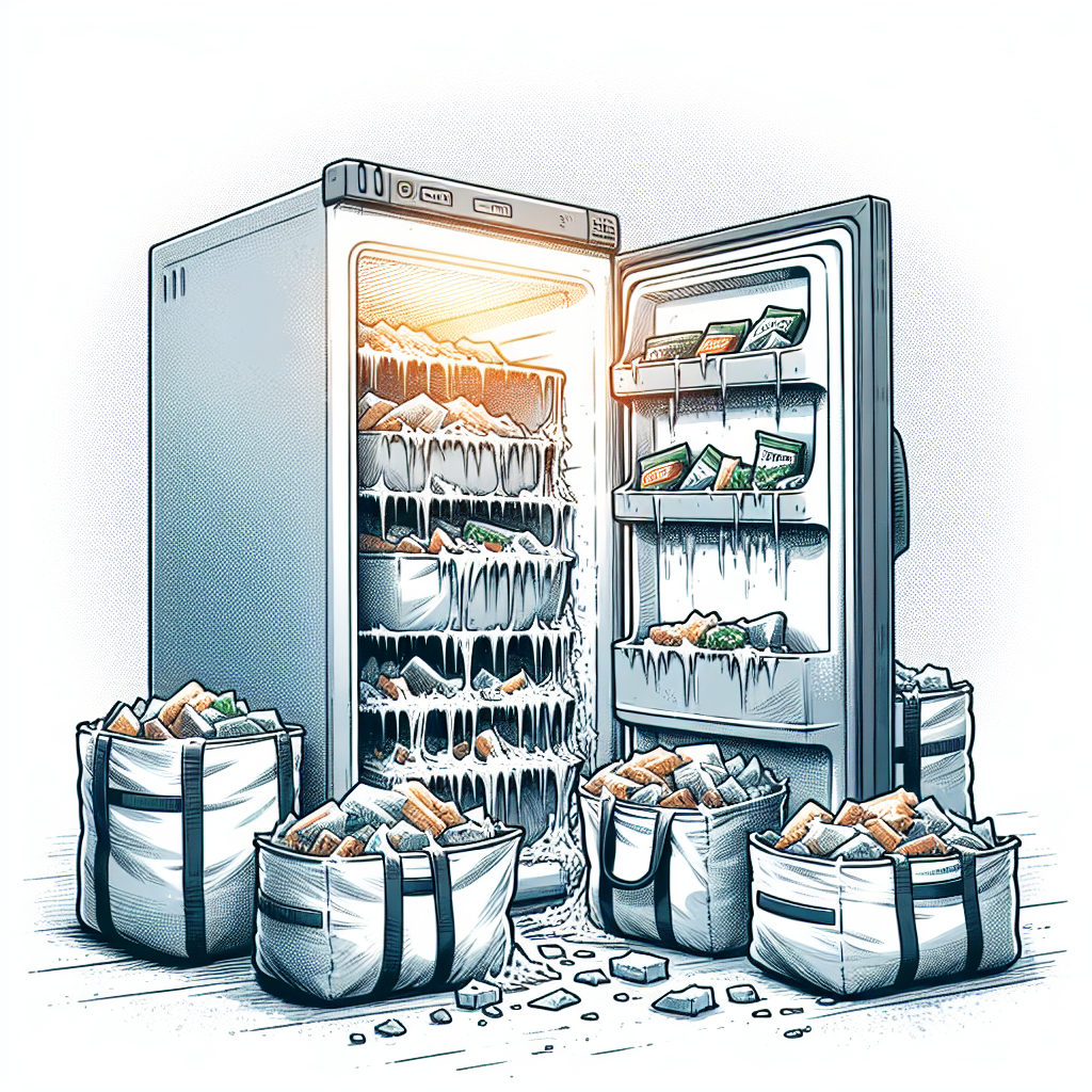 Un congélateur en cours de dégivrage avec des aliments congelés temporairement stockés dans des sacs isothermes ou des glacières à proximité.