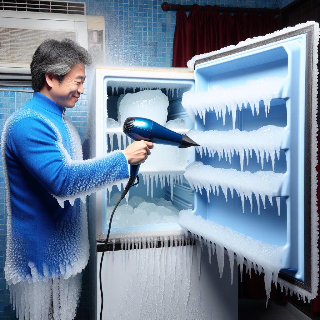 Personne utilisant un sèche-cheveux pour dégivrer les parois givrées d'un congélateur, tenant le sèche-cheveux à distance pour éviter d'endommager les parois.