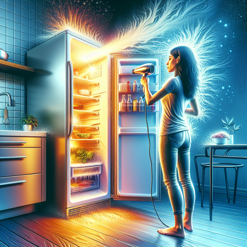 Personne dégivrant un congélateur avec un sèche-cheveux dans une cuisine moderne