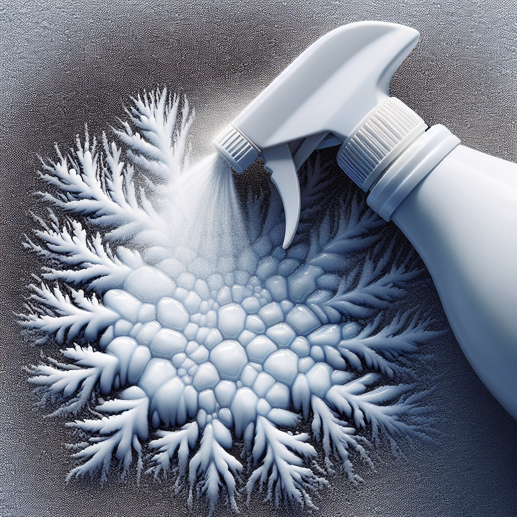 Un vaporisateur contenant un mélange de vinaigre blanc et d'eau chaude est pulvérisé sur une surface givrée, avec la glace commençant à fondre.