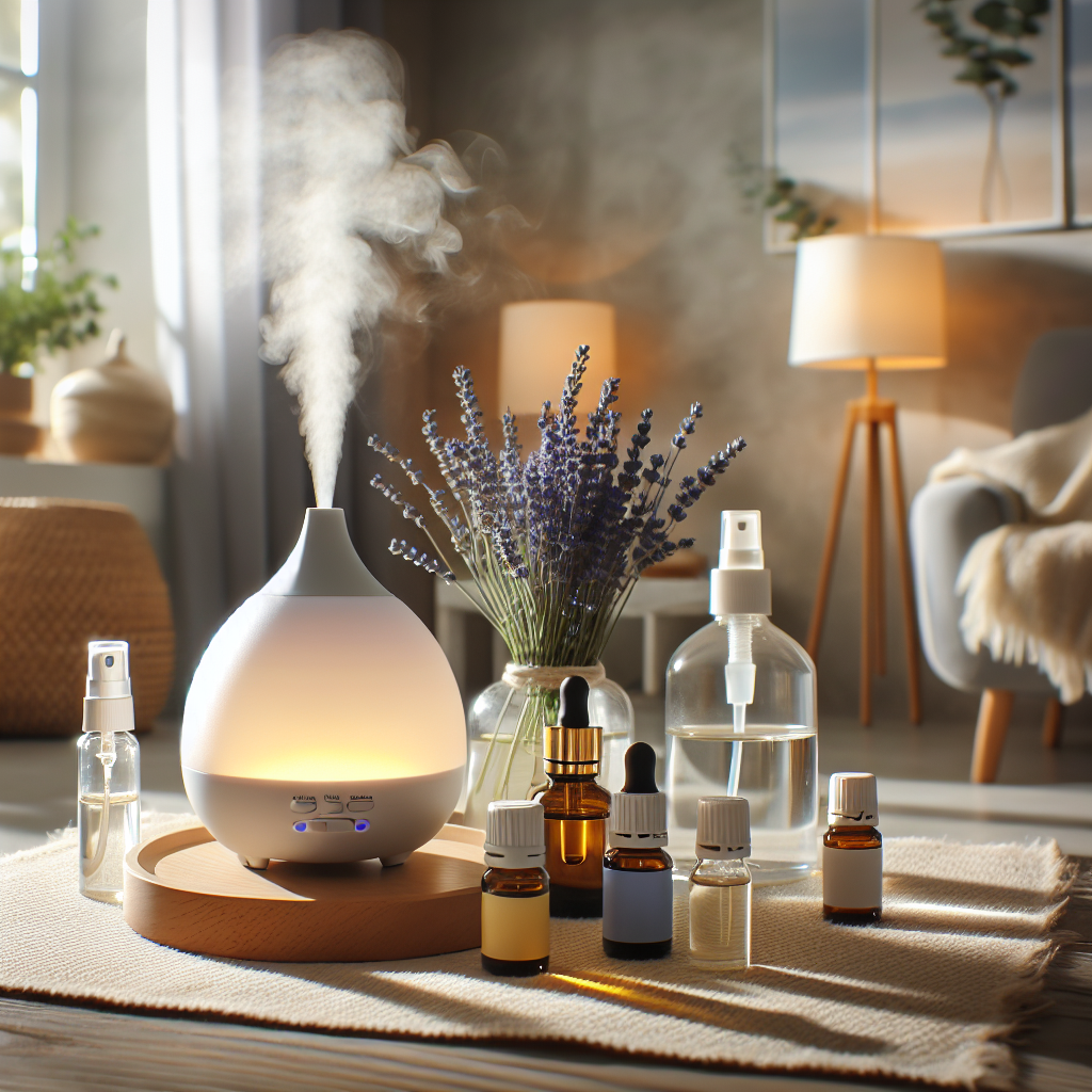 Un diffuseur dégageant une vapeur ou un brouillard infusé aux huiles essentielles d'eucalyptus, de lavande et de citron. Des bouteilles d'huiles essentielles et un vaporisateur sont également visibles. La scène montre une pièce confortable avec une lumière naturelle, évoquant la relaxation et l'aromathérapie.