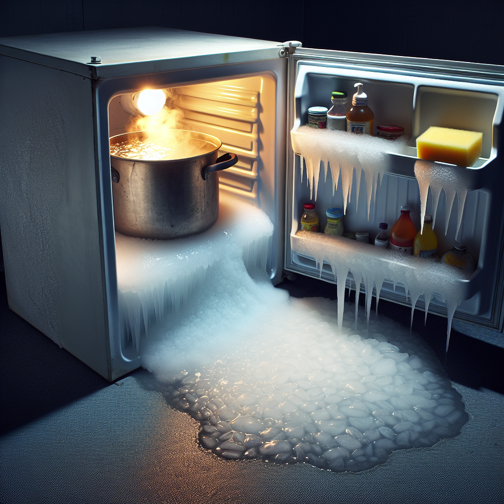 Une casserole d'eau bouillante dans un congélateur avec de la vapeur faisant fondre la glace sur les parois, et une éponge utilisée pour éponger l'eau fondue.