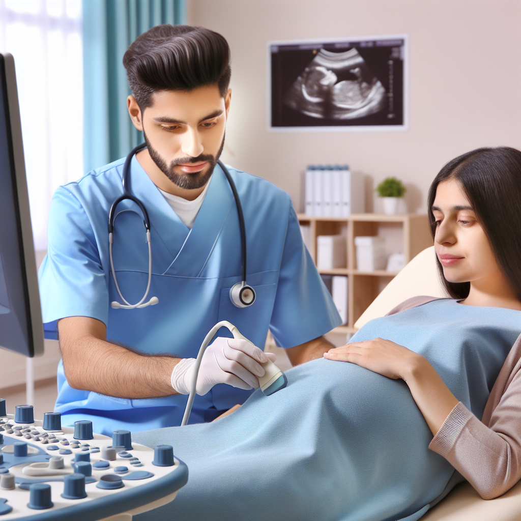 Une femme enceinte passant une échographie effectuée par un professionnel de la santé dans un environnement médical apaisant.