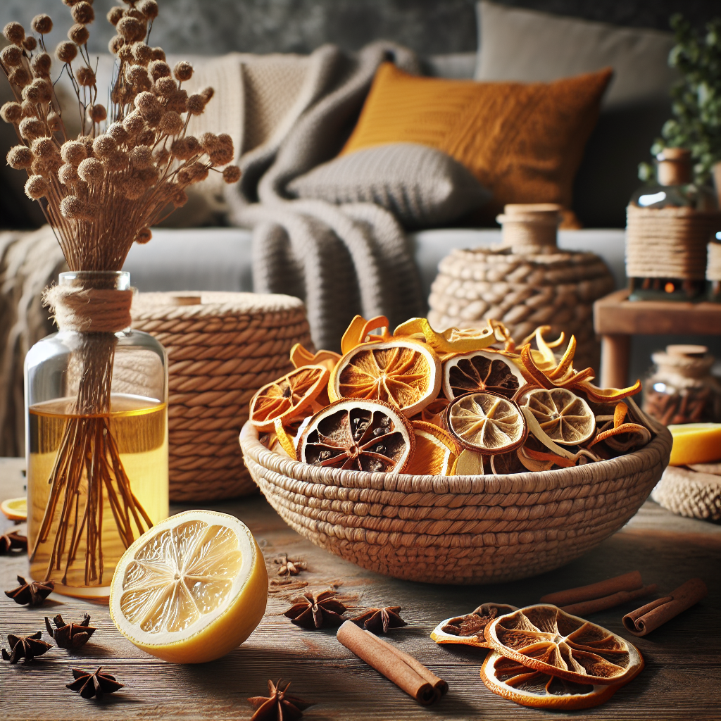 Une assiette décorative avec des écorces d'agrumes séchées dans une pièce de vie chaleureuse, avec un citron coupé en deux et décoré de clous de girofle à proximité.