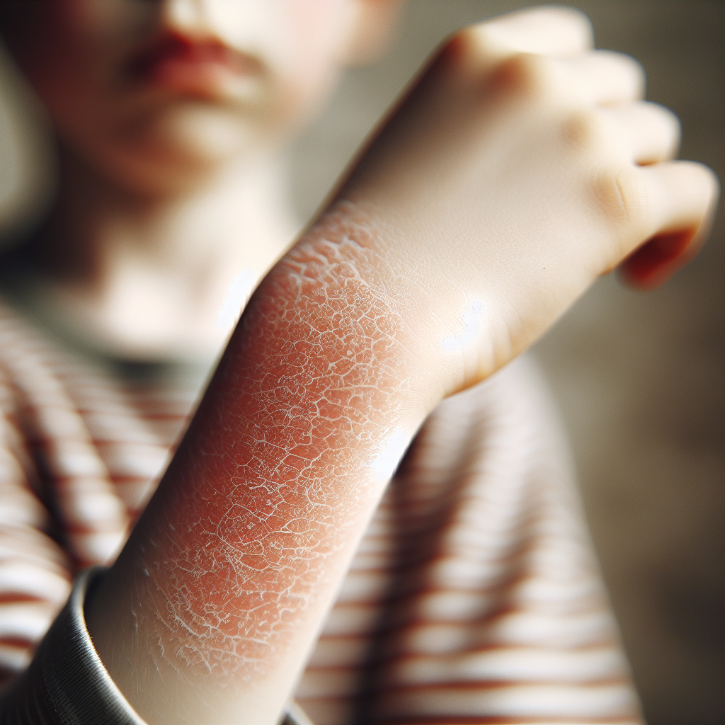 Gros plan sur le bras d'un enfant présentant des plaques de peau sèche, rouge et écailleuses, caractéristiques des dartres.