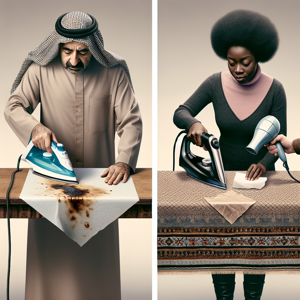 Deux scènes montrant une personne utilisant un fer à repasser moyen sur un essuie-tout placé sur une tache de cire pour faire fondre et absorber la cire, et une autre scène montrant une personne utilisant un sèche-cheveux sur un tissu pour faire fondre la cire et éponger la cire fondue avec un essuie-tout.