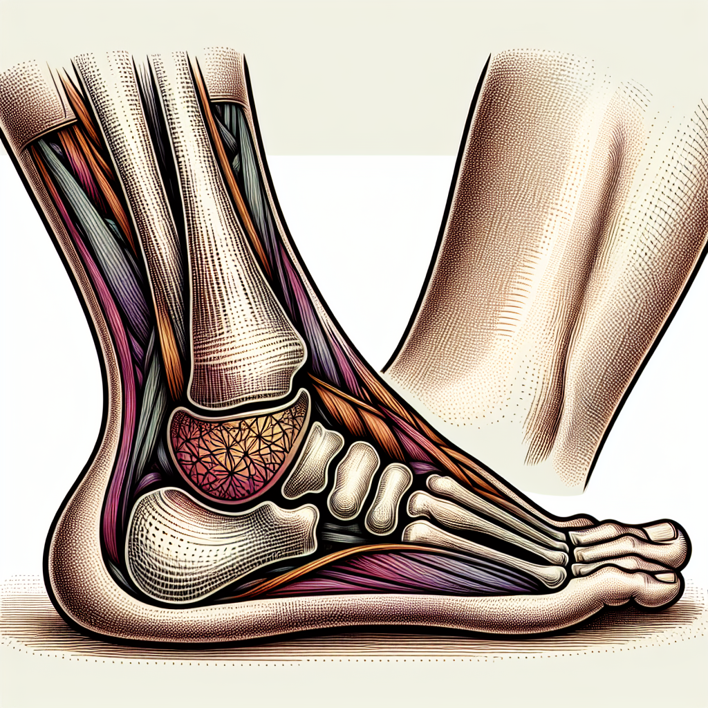 Illustration d'une cheville enflée avec des ecchymoses, résultant d'une entorse. Les ligaments sont également montrés en état de souffrance.