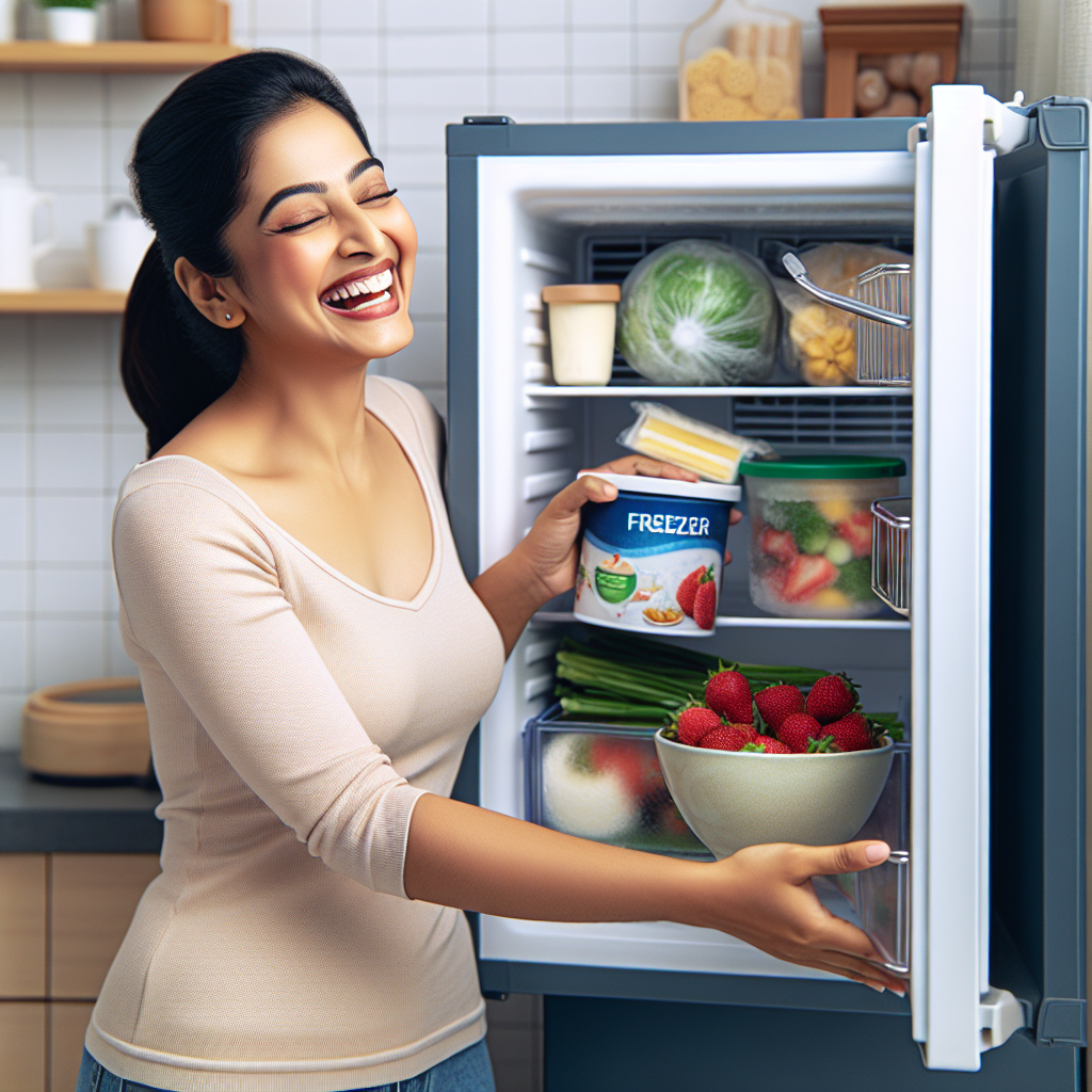 Une personne fermant correctement la porte d'un congélateur propre, avec des joints d'étanchéité intacts et des aliments placés avec soin à l'intérieur.