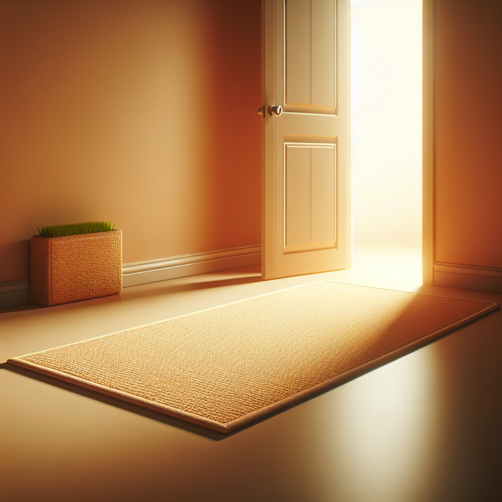 Un sol en lino propre de couleur beige dans une pièce bien éclairée avec un paillasson placé à l'entrée, sans éléments visuels représentant de l'eau de javel ou des produits abrasifs.