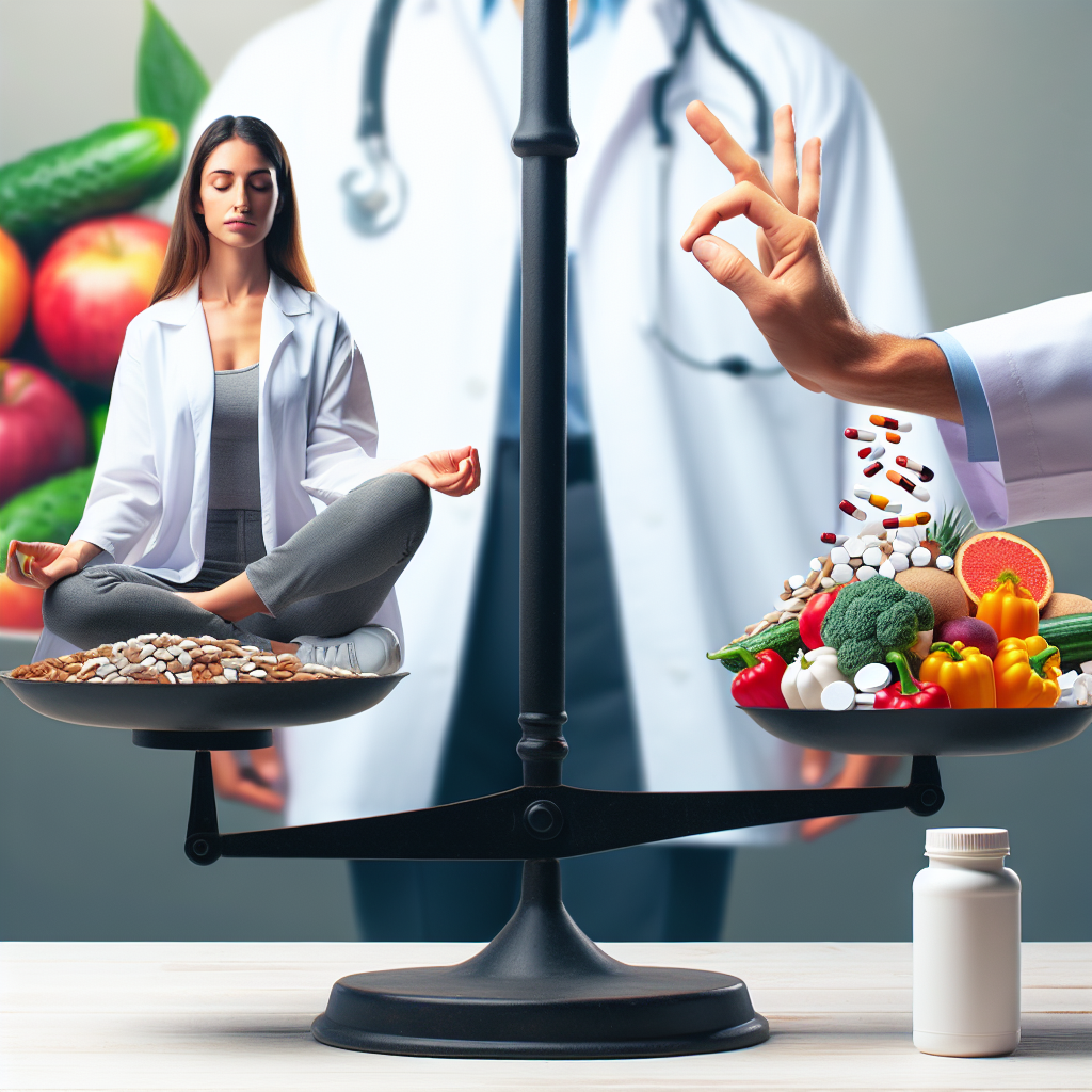 Une femme se tenant en équilibre sur une balance, illustrant l'importance de maintenir un poids santé, entourée d'aliments équilibrés comme des fruits et légumes, avec une main tendant des médicaments pour symboliser l'évitement des médicaments non-nécessaires.
