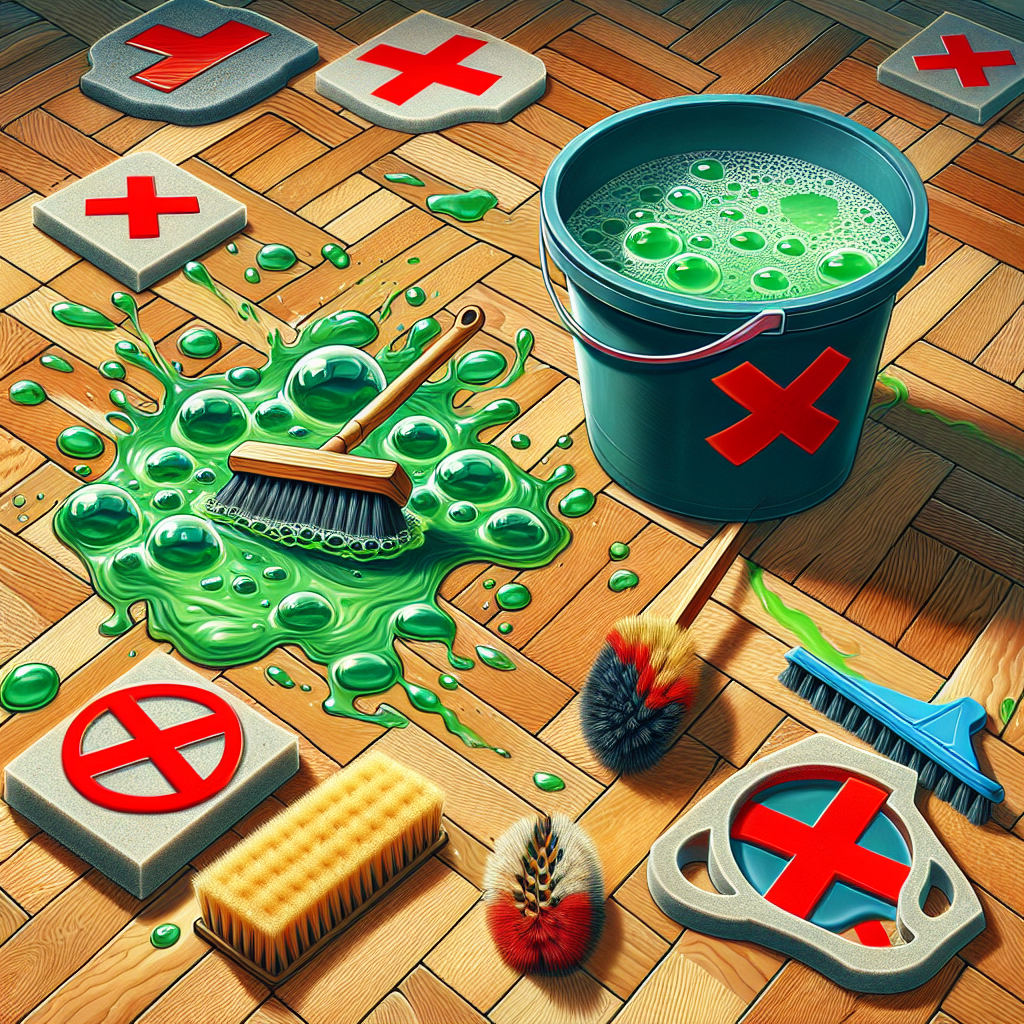 Illustration montrant les erreurs courantes à éviter dans l'entretien du parquet: utilisation de produits chimiques agressifs, excès d'eau et outils abrasifs.